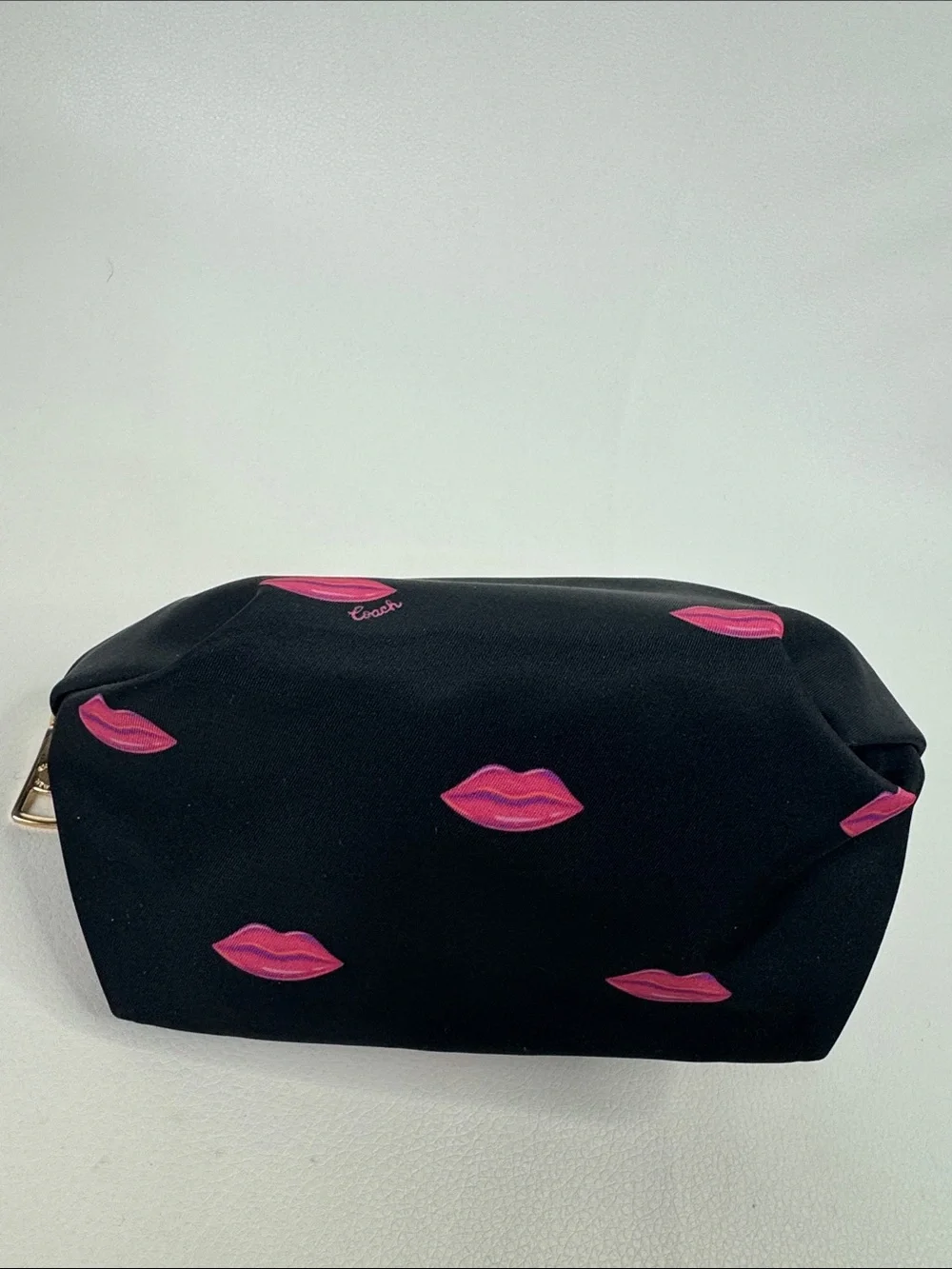 Coach Nylon Black Cosmetic Pouch with Pink Lip Motif Gold zipper & logo